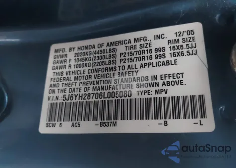 2006 Honda Element Ex-P z USA, uszkodzony, nr VIN 5J6YH28706L005080